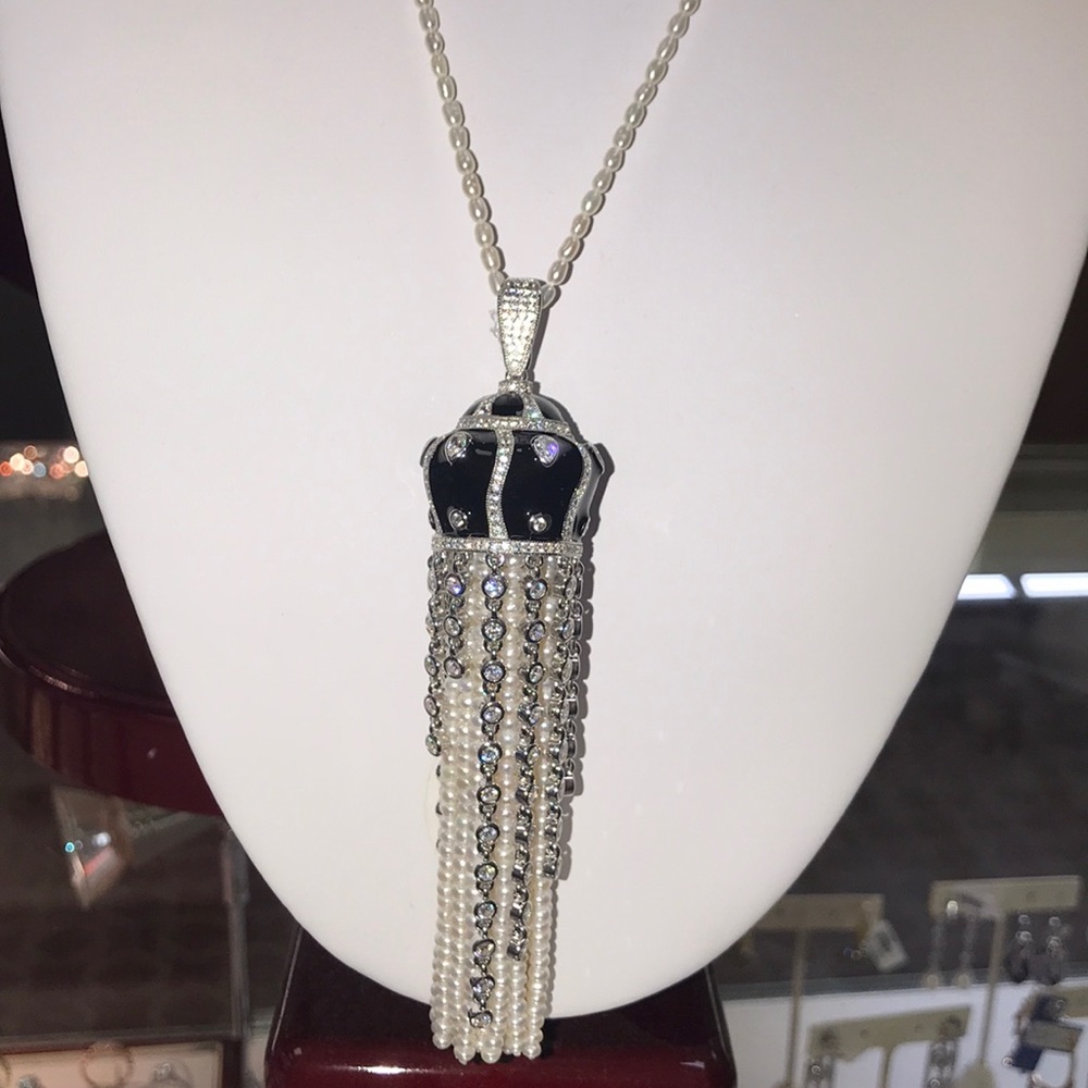 Silver enamel CZ natural pearls tassels pendant